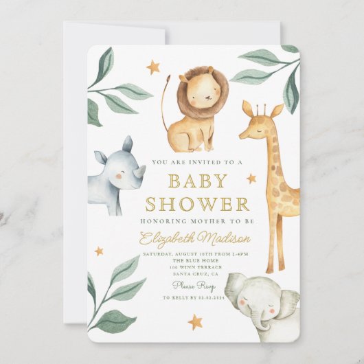 ウオーターカラーウッドランドサファリ動物かわいい 招待状 (正面)