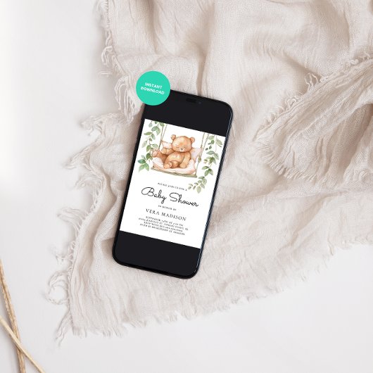 ウオーターカラーウッドランドテディベア赤ちゃんシャワー 招待状