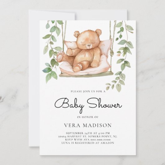 ウオーターカラーウッドランドテディベア赤ちゃんシャワー 招待状 (正面)