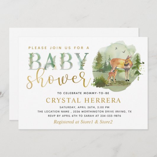 ウオーターカラーウッドランドディアグリーンリーベビーシャワー 招待状 (正面/裏面)