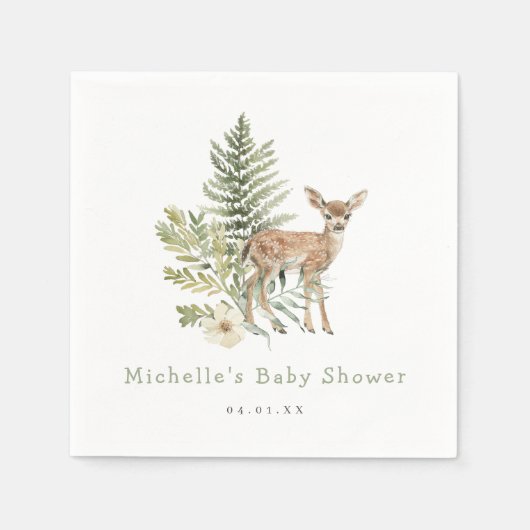 ウオーターカラーウッドランドディアベビーシャワー スタンダードカクテルナプキン (正面)
