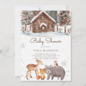 ウオーターカラーウッドランドハウス雪の冬のベビーシャワー 招待状 (正面)