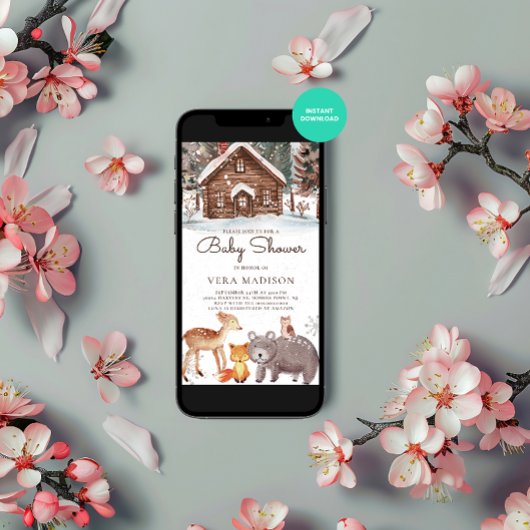 ウオーターカラーウッドランドハウス雪の冬のベビーシャワー 招待状