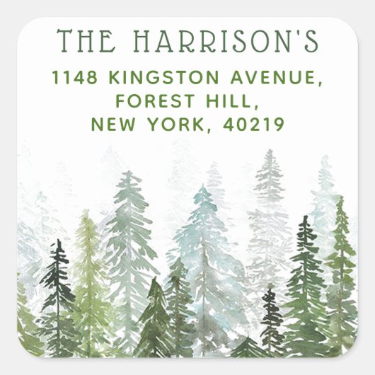 ウオーターカラーウッドランドパインツリーズ差出人住所 スクエアシール (正面)