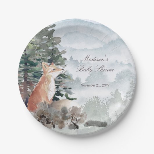 ウオーターカラーウッドランドフォレストキツネベビーシャワー ペーパープレート (正面)