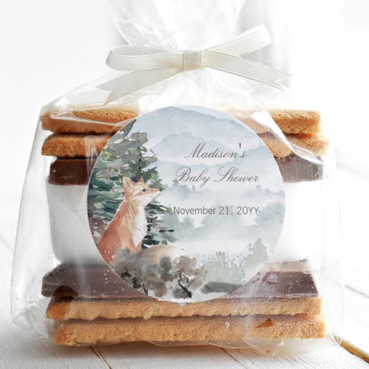 ウオーターカラーウッドランドフォレストキツネベビーシャワー ラウンドシール