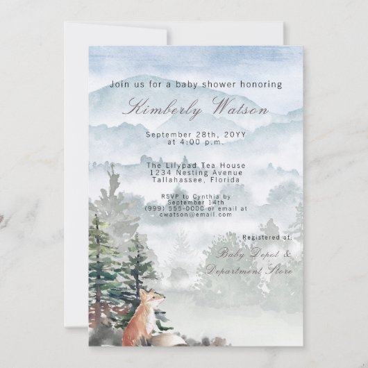 ウオーターカラーウッドランドフォレストキツネベビーシャワー 招待状 (正面)