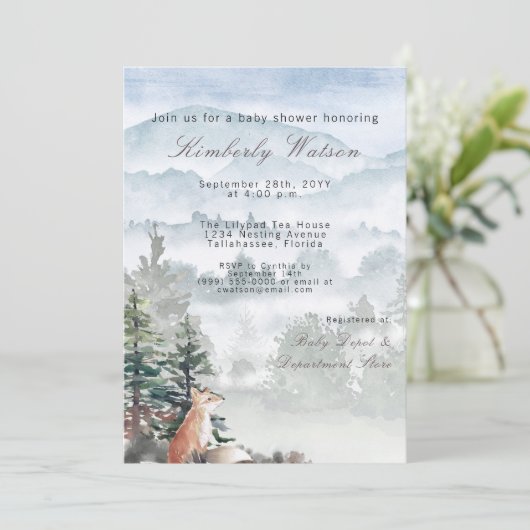 ウオーターカラーウッドランドフォレストキツネベビーシャワー 招待状 (スタンド正面)