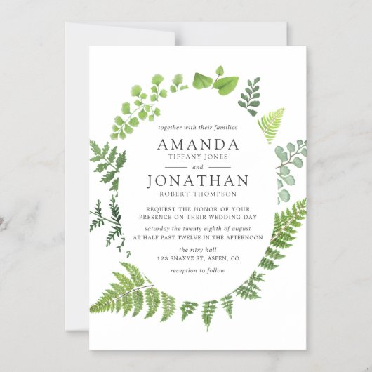ウオーターカラーウッドランドフォレストグリーン結婚リー マグネット招待状 (正面)