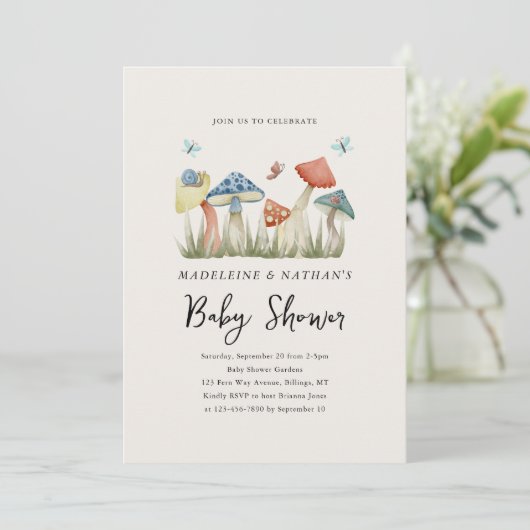 ウオーターカラーウッドランドマッシュルームカップルの赤ちゃんシャワー 招待状 (スタンド正面)
