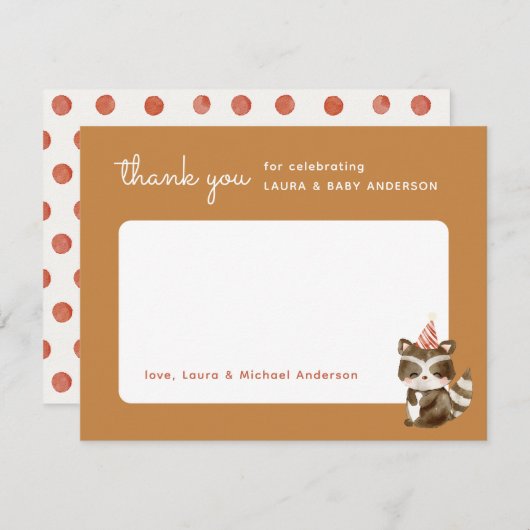 ウオーターカラーウッドランドラクーン水玉模様ベビーシャワー サンキューカード (正面/裏面)
