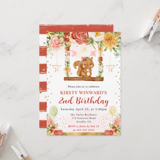 ウオーターカラーウッドランドリス子供の誕生日 招待状 (正面/裏面インサイチュ)