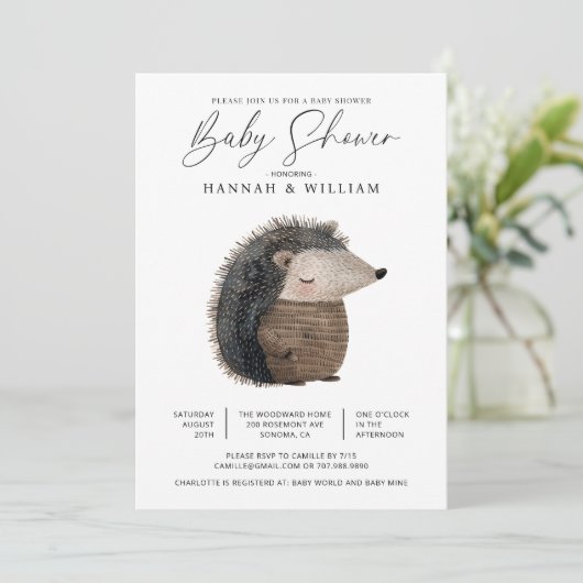 ウオーターカラーウッドランド動物ハリネズミ赤ちゃんシャワー 招待状 (スタンド正面)