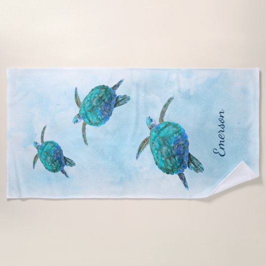 ウオーターカラーウミガメ熱帯海 ビーチタオル (正面)