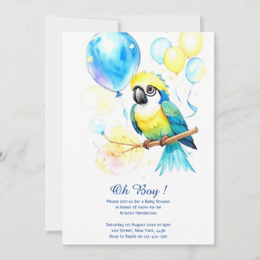 ウオーターカラーオウム少年ベビーシャワー招待状 招待状 (正面)