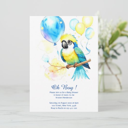 ウオーターカラーオウム少年ベビーシャワー招待状 招待状 (スタンド正面)