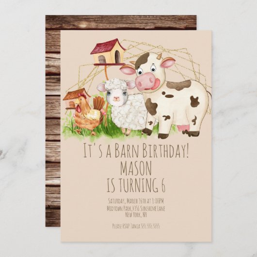 ウオーターカラーオスターバーンアニマルズファーム誕生日 招待状 (正面/裏面)