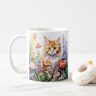 ウオーターカラーオレンジ虎猫キティ猫インフラワーガーデン コーヒーマグカップ