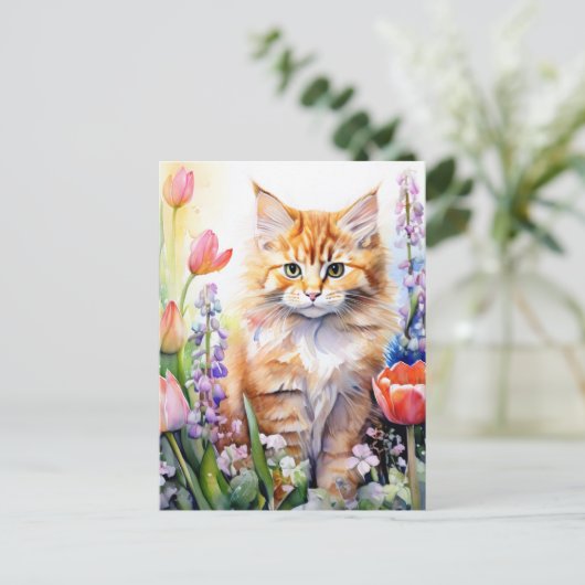 ウオーターカラーオレンジ虎猫キティ猫インフラワーガーデン ポストカード (スタンド正面)