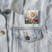 ウオーターカラーオレンジ虎猫キティ猫インフラワーガーデン 缶バッジ (インサイチュ)