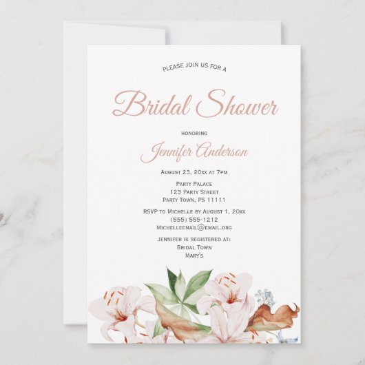 ウオーターカラーコーラル赤面ピンクフローラブライダルシャワー 招待状 (正面)