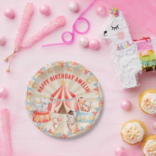 ウオーターカラーサーカスアニマルズ誕生日 ペーパープレート (パーティー)