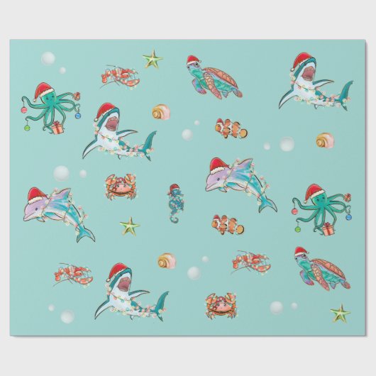 ウオーターカラーシャークリーフクリスマスシーライフドルフィン ラッピングペーパー (フラット)