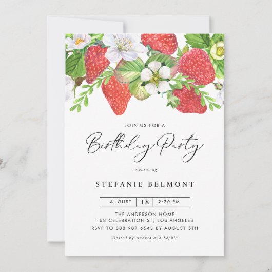 ウオーターカラーストロベリーボタニカル誕生日 招待状 (正面)