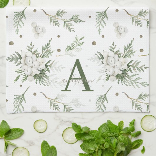ウオーターカラースノーベリーホワイトシダーブランチクリスマス キッチンタオル (折り畳み)