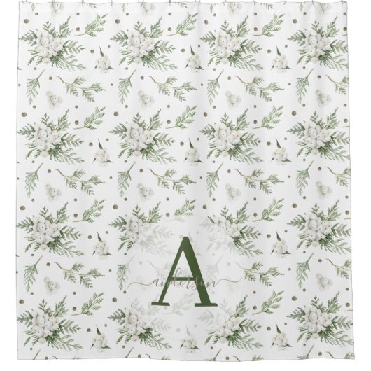 ウオーターカラースノーベリーホワイトシダーブランチクリスマス シャワーカーテン (正面)
