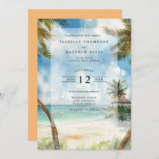 ウオーターカラートルムトロピカルビーチ結婚式 招待状 (正面/裏面)