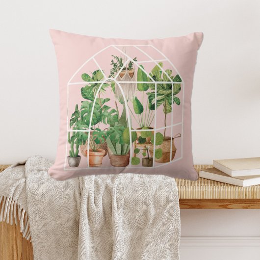 ウオーターカラートロピカルハウスプラントピンク クッション