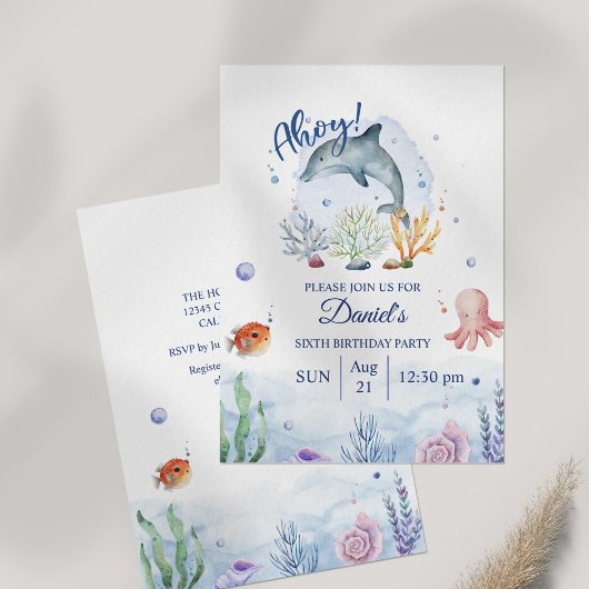 ウオーターカラードルフィン海洋生物誕生日 招待状