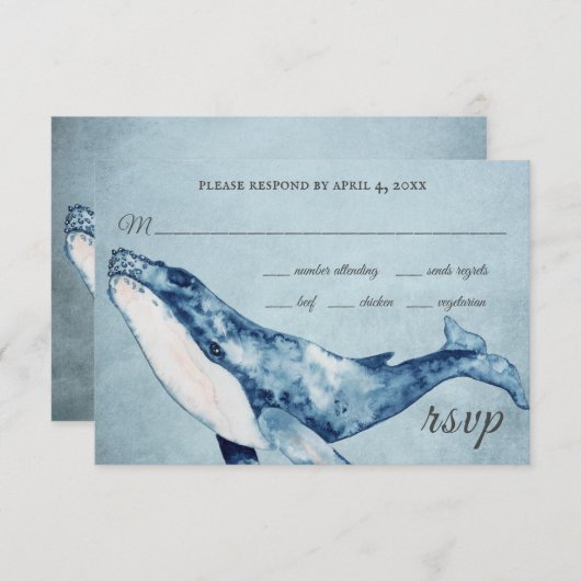 ウオーターカラーハンプバックホエー航海のルビーチ結婚式 出欠カード (正面/裏面)