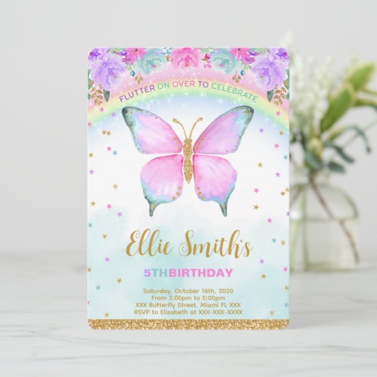 ウオーターカラーバタフライ誕生日招待状 招待状 (スタンド正面)