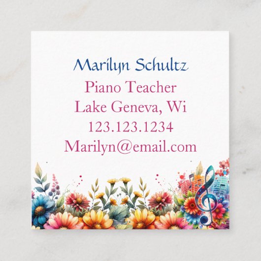 ウオーターカラーピアノと花パーソナライズされた先生 スクエア名刺 (裏面)