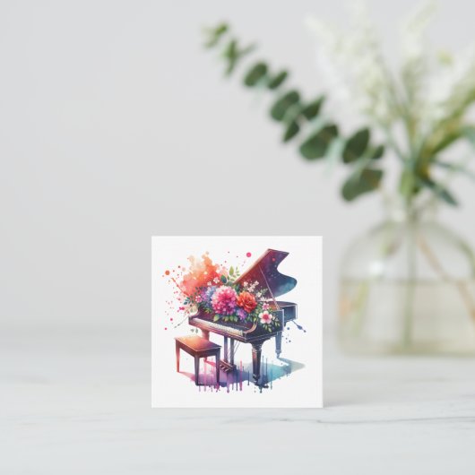 ウオーターカラーピアノと花パーソナライズされた先生 スクエア名刺 (スタンド正面)