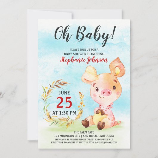 ウオーターカラーピギーベビーシャワーファーム招待状 招待状 (正面)