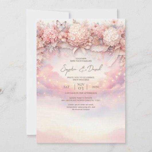 ウオーターカラーピンクアジサイ結婚式招待状 招待状 (正面)