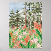 ウオーターカラーピンクコーラルフローラメドウオンマウンテン ポスター (正面)