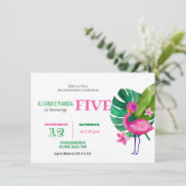 ウオーターカラーピンクフラミンゴトロピカル誕生日 招待状 (スタンド正面)