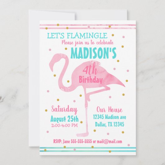ウオーターカラーピンクフラミンゴ誕生日招待状 招待状 (正面)