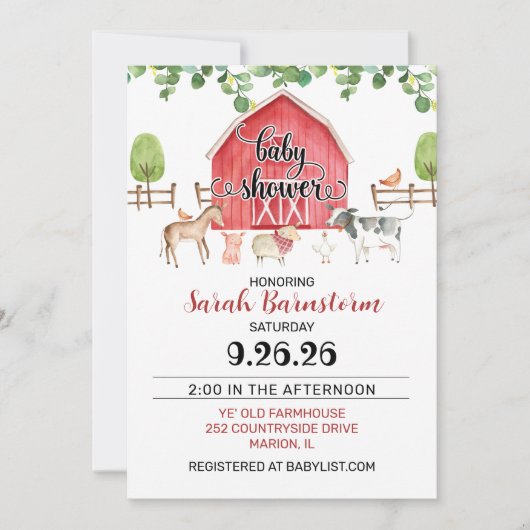 ウオーターカラーファームアニマルズバームベビーシャワー 招待状 (正面)