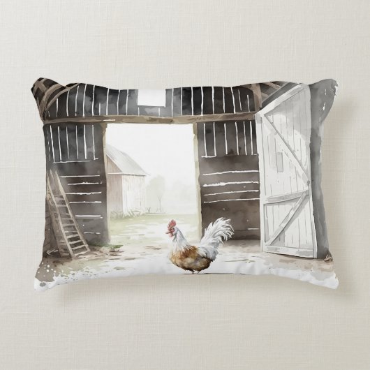 ウオーターカラーファームルースターin a Barn アクセントクッション (正面)