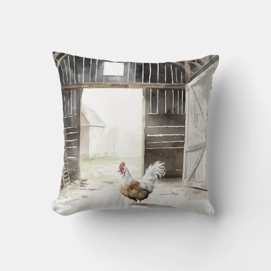 ウオーターカラーファームルースターin a Barn クッション (正面)