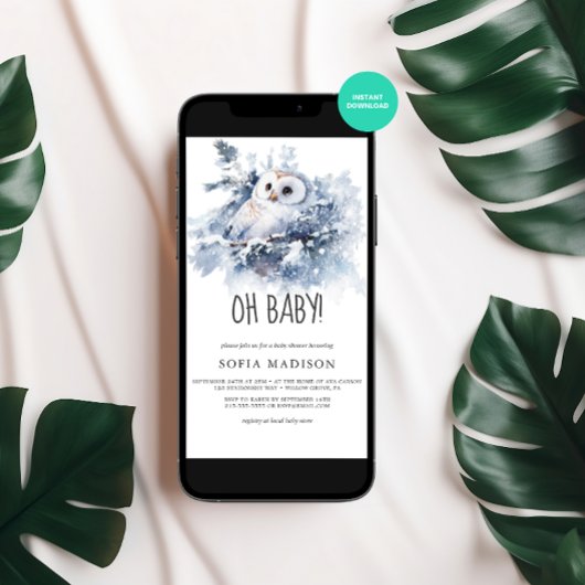 ウオーターカラーフクロウ冬の赤ちゃんシャワー 招待状