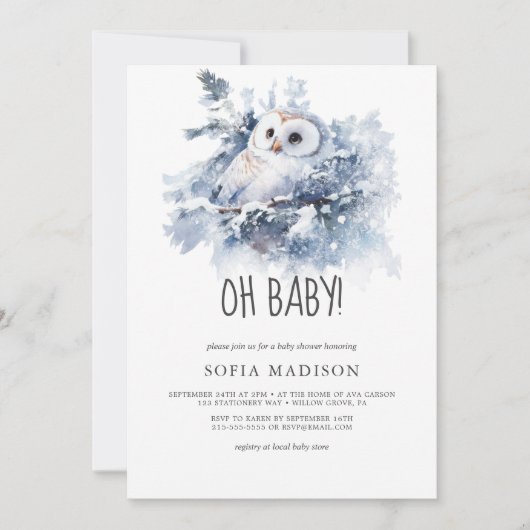 ウオーターカラーフクロウ冬の赤ちゃんシャワー 招待状 (正面)