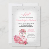 ウオーターカラーフラミンゴバレリーナシルバーベビーシャワー 招待状 (正面)