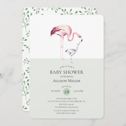 ウオーターカラーフラミンゴベビーシャワー招待状 招待状 (正面/裏面)