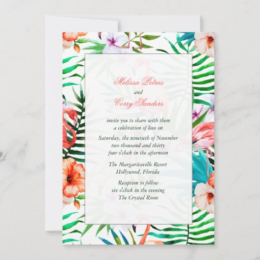 ウオーターカラーフラミンゴ結婚式招待状 招待状 (正面)